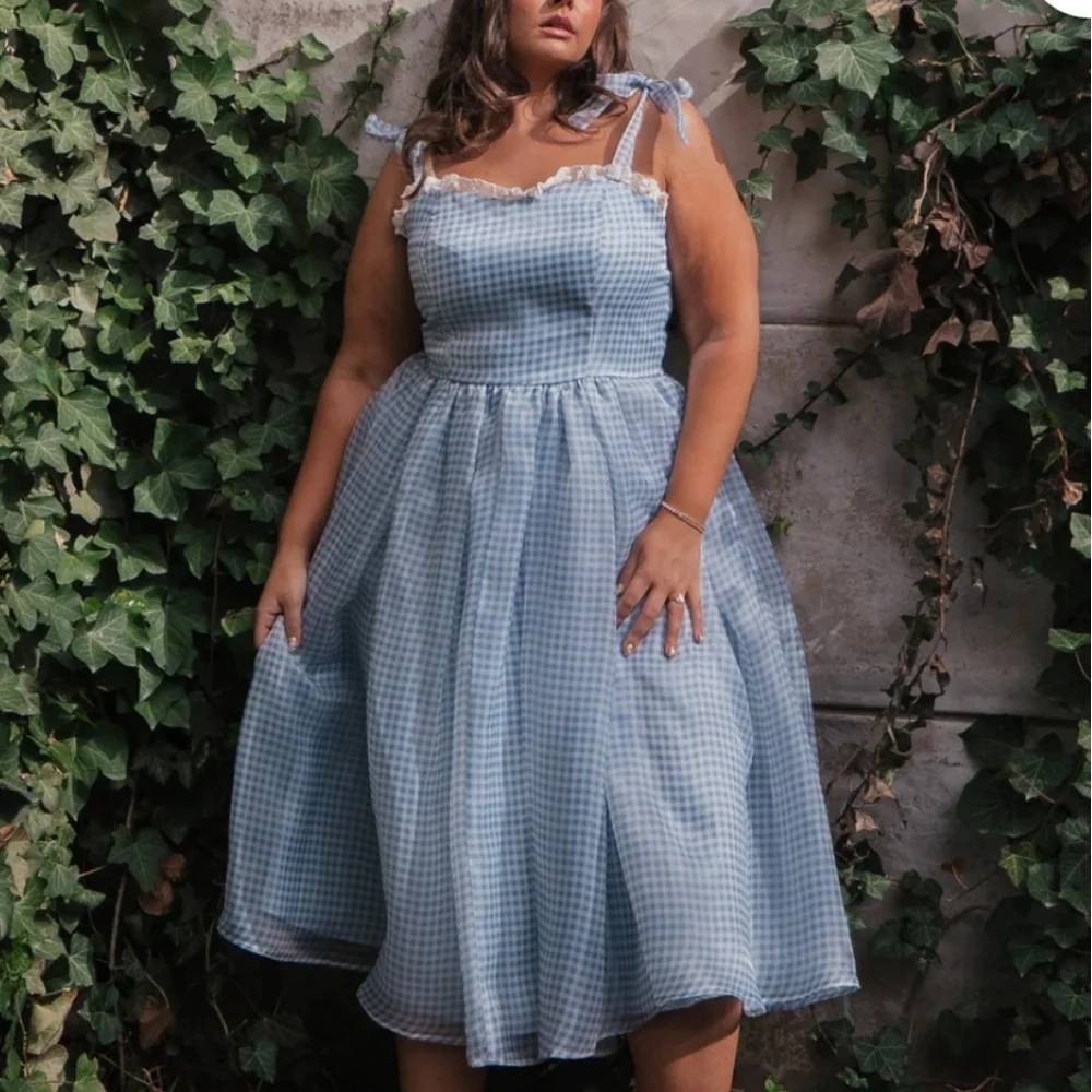 Jessakae Priscilla Midi Dress Gingham Cottagecore Lace Trim Blue White L